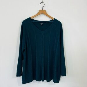 Lane Bryant Dark Teal Long Sleeve Knit Sweater V Neck 100% Acrylic Size 14 - 16